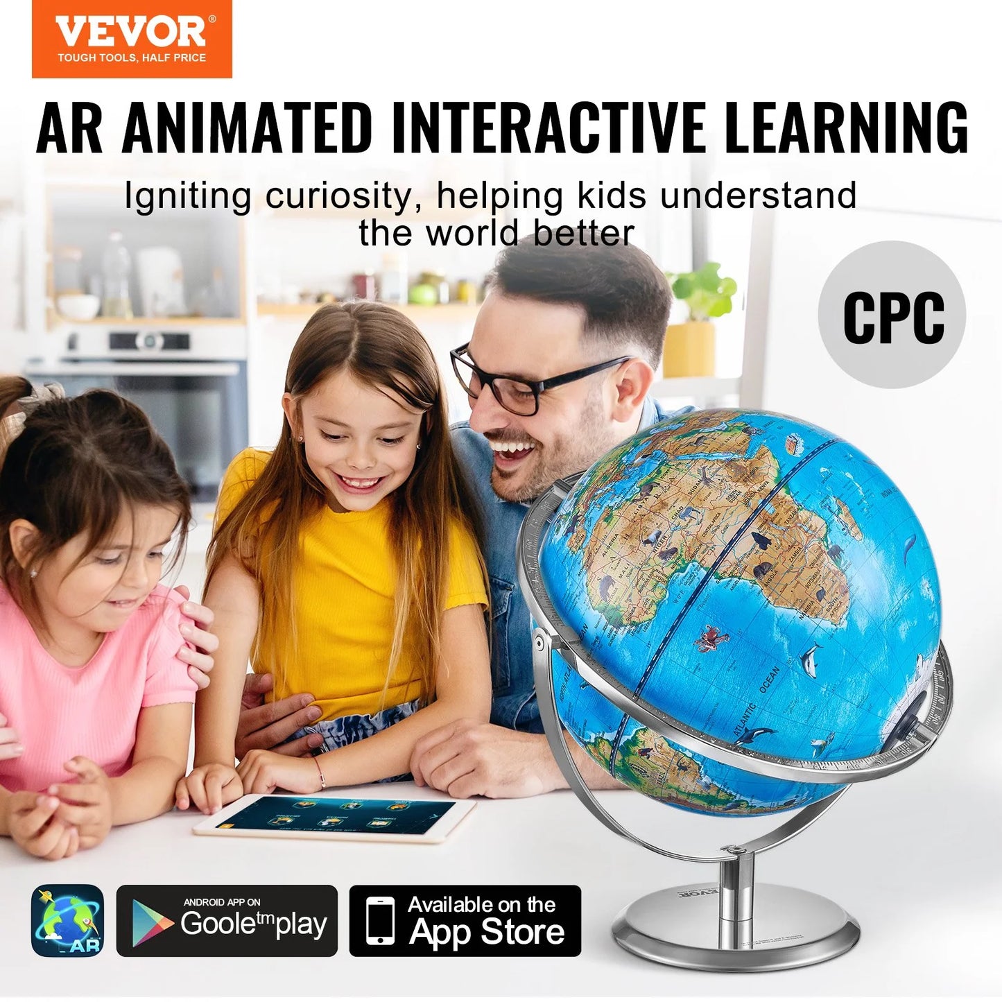 VEVOR Educational Globe for Kids, 10 In/254 Mm, Interactive AR World Globe with AR Golden Globe APP LED Night Lighting 720¡Ã Rotation, STEM Toy Gifts for Kids Compatible with Android or Ios Devices