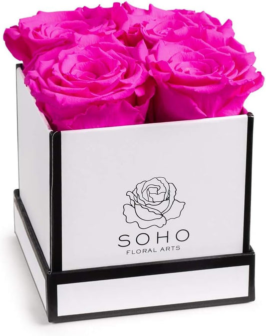 | Roses in a Box | Genuine Roses That Last for Years (White Square 4Ct, Radiant Pink) | Mothers Day Gifts