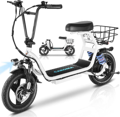 Peak 1200W Electric Scooter with Seat, 14" Fat Tire Electric Scooter Adults, 500Wh Battery up to 30 Miles&20Mph, Foldable Adult Electric Scooter for Commuting with Basket&Shock Absorbing