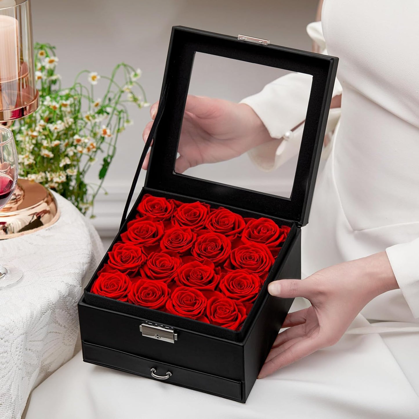 16-Piece Forever Flowers Gifts for Her Wife Grandma Preserved Roses That Last a Year Mother Anniversary Birthday (Red, Black PU Jewelry Box)