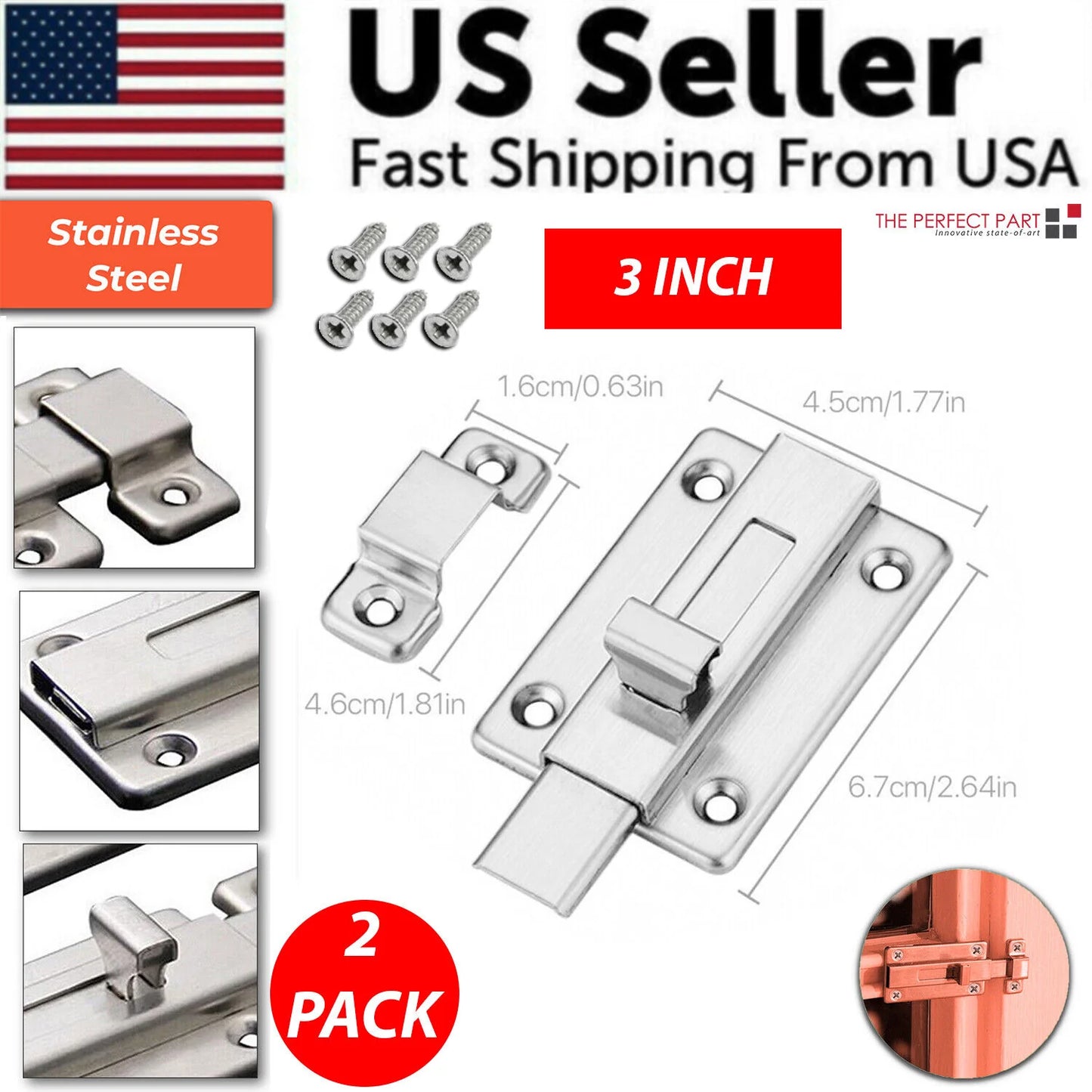 2Pcs Stainless Steel Latch Sliding Silver Doors Lock Keyless Door Bolt for Doors