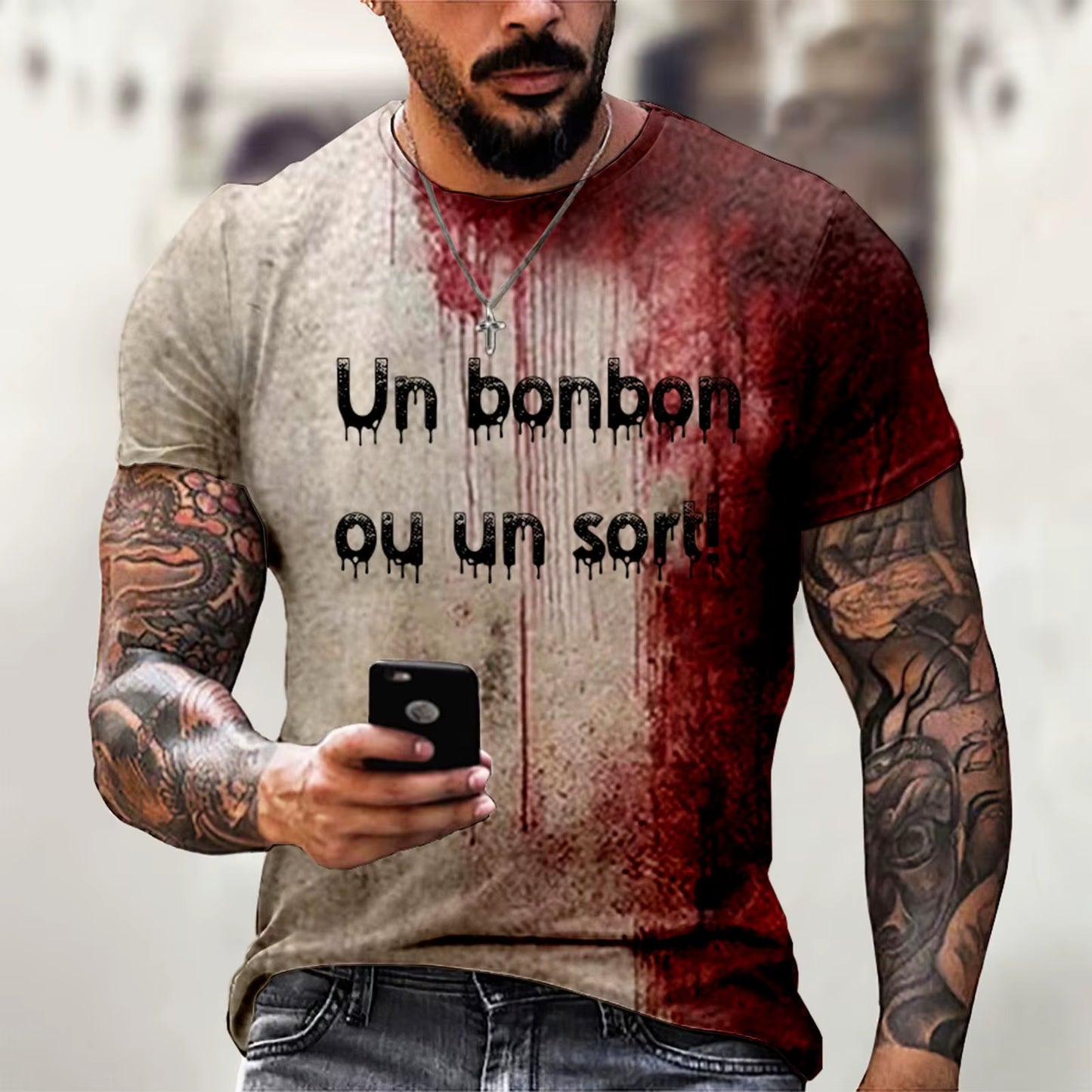 Probleme Resolu Bloody Fonts T-Shirt Short Sleeve round Neck Distressed T Shirt Male 2024 Halloween Print Tops Holiday Party Top