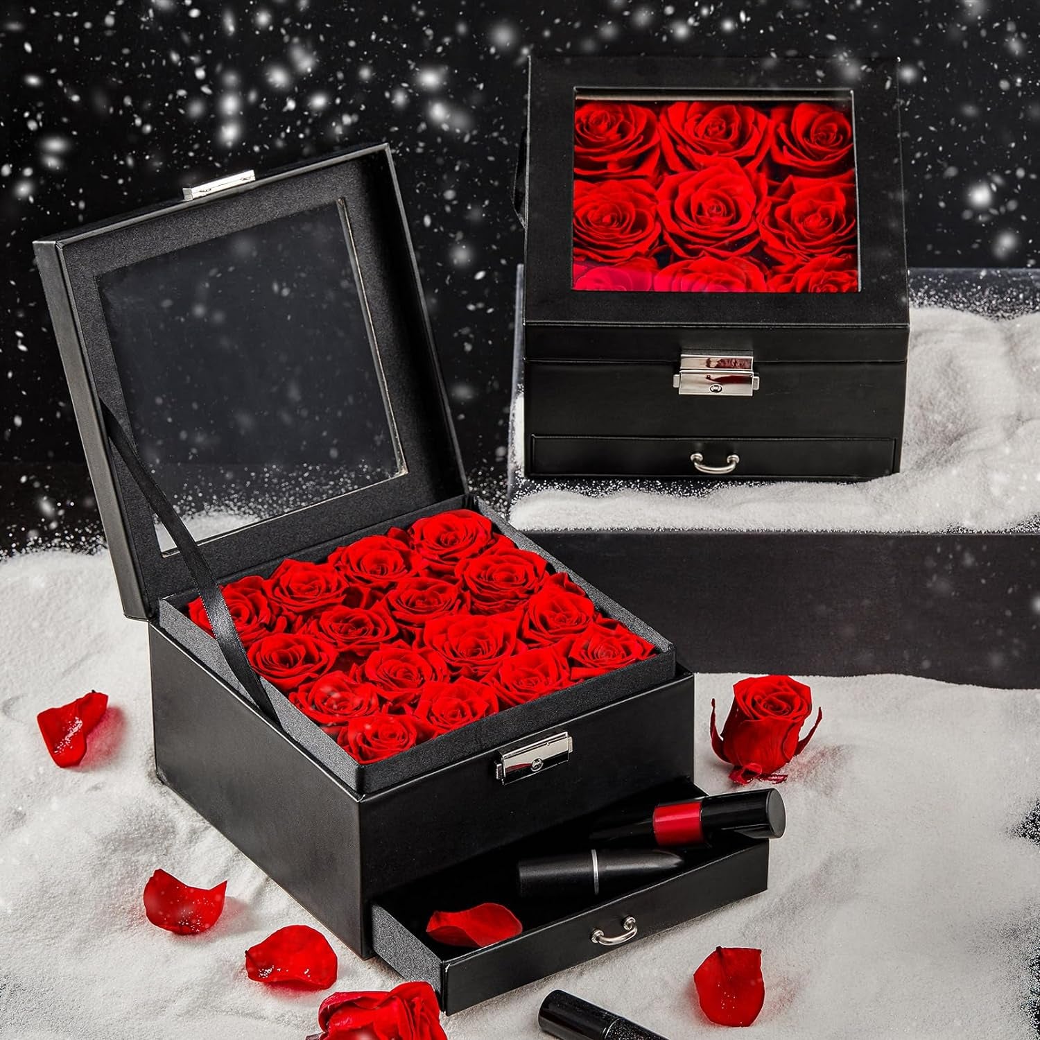 16-Piece Forever Flowers Gifts for Her Wife Grandma Preserved Roses That Last a Year Mother Anniversary Birthday (Red, Black PU Jewelry Box)