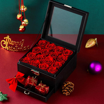 16-Piece Forever Flowers Gifts for Her Wife Grandma Preserved Roses That Last a Year Mother Anniversary Birthday (Red, Black PU Jewelry Box)