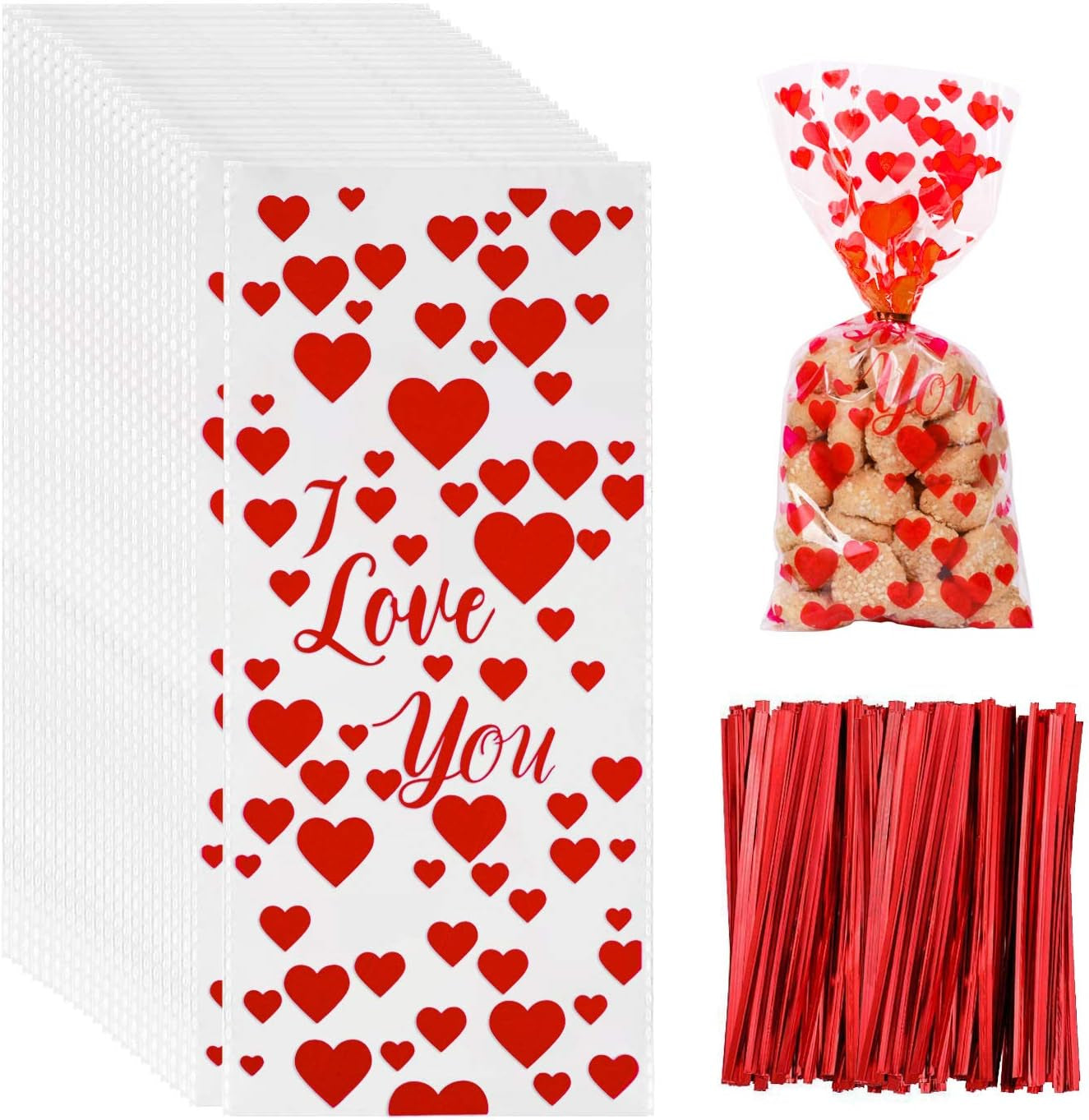 100 Pieces Valentine Cellophane Bags Heart Treat Bags Candy Goodies Gift Bags and 150 Pieces Red Twist Ties for Valentine Party Supplies