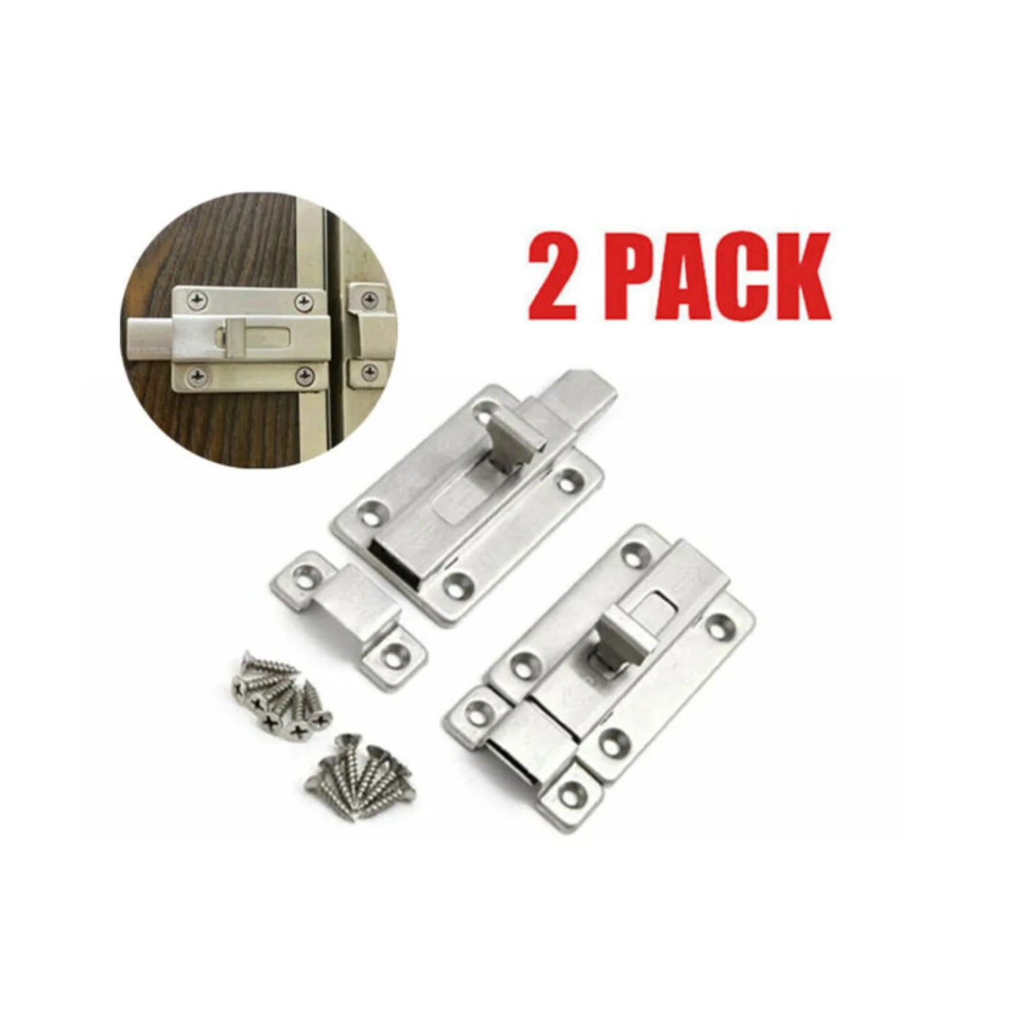 2Pcs Stainless Steel Latch Sliding Silver Doors Lock Keyless Door Bolt for Doors