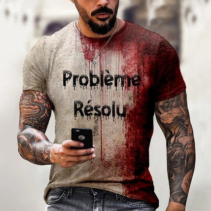 Probleme Resolu Bloody Fonts T-Shirt Short Sleeve round Neck Distressed T Shirt Male 2024 Halloween Print Tops Holiday Party Top