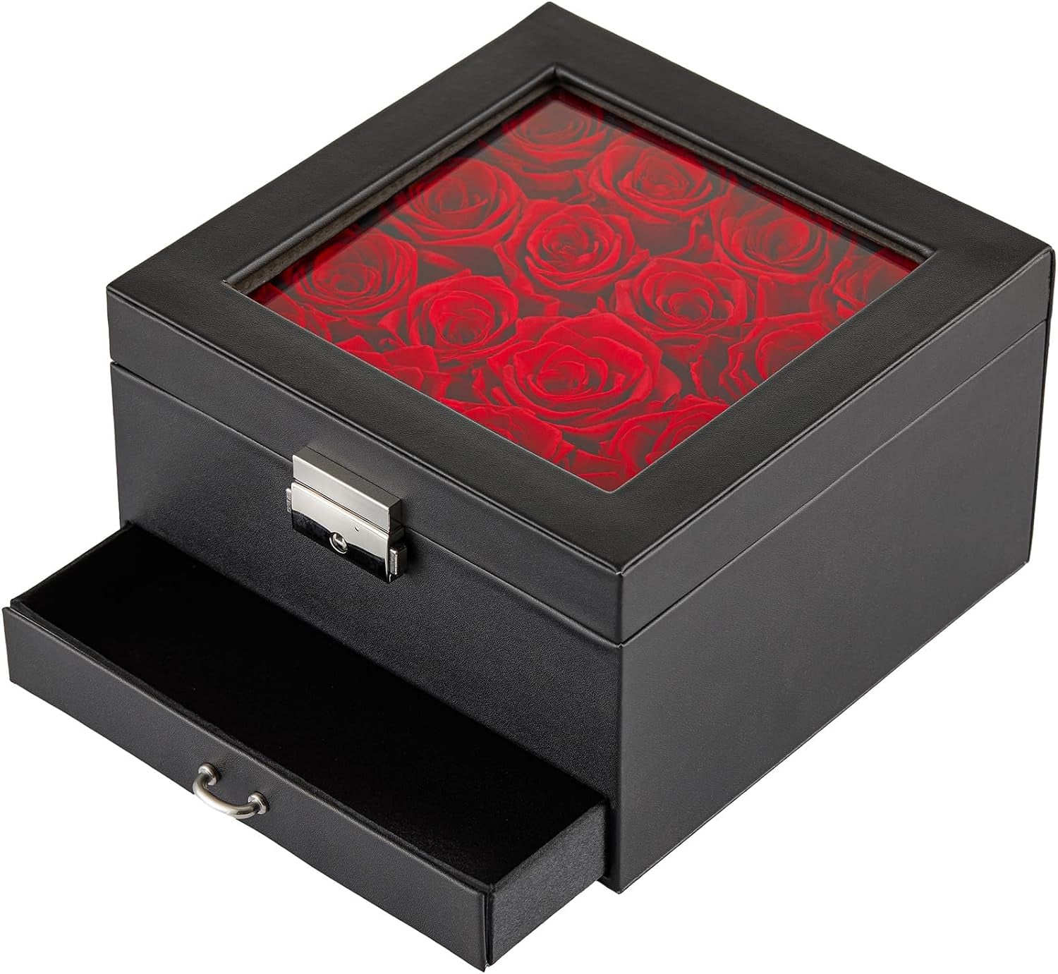 16-Piece Forever Flowers Gifts for Her Wife Grandma Preserved Roses That Last a Year Mother Anniversary Birthday (Red, Black PU Jewelry Box)