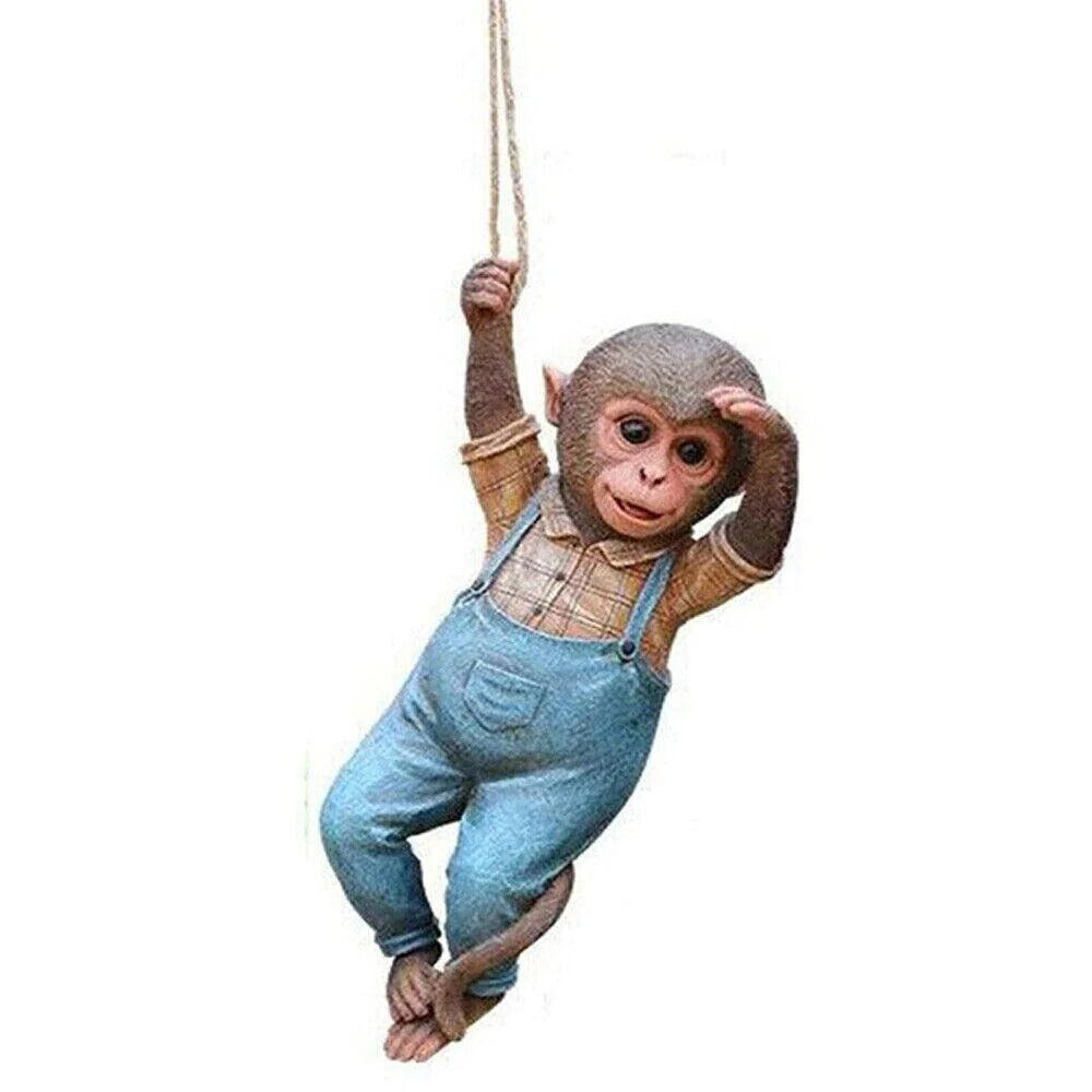 Monkey Chimp Hanging Rope Garden Ornament Outdoor Statue Sculpture Resin Decor