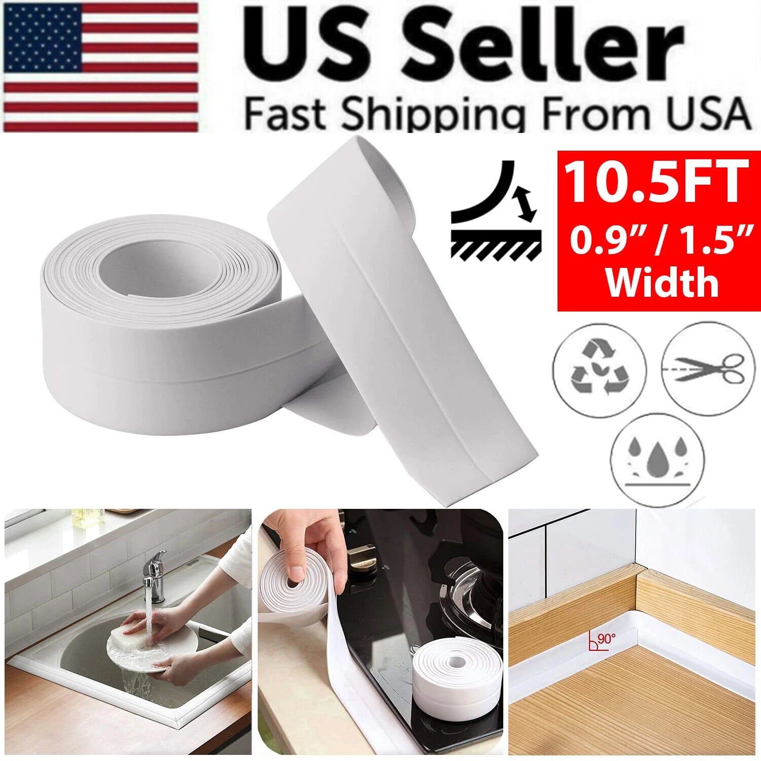 10.5FT PVC Self Adhesive Caulk Sealing Strip Tape for Kitchen Wall Sink Toilet