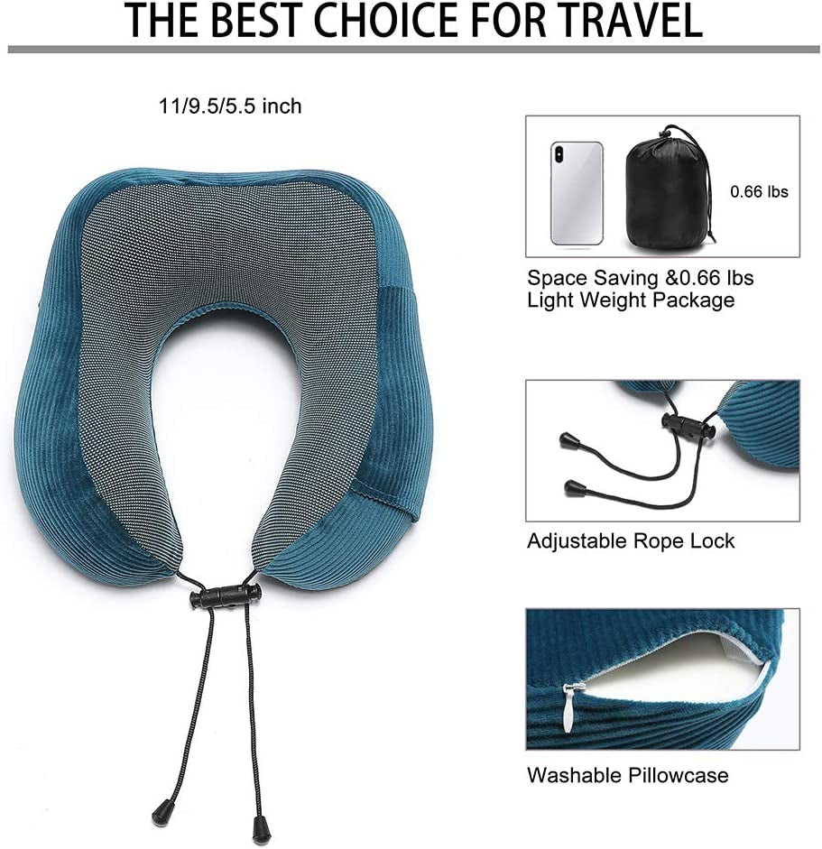 Memory Foam Neck Pillow with 360-Degree Head Support Lightweight Comfortable Travel Airplane Pillow with Storage Bag for Sleeping, Traveling,Car, Train, Bus and Home Use(Blue)