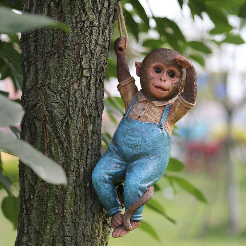 Monkey Chimp Hanging Rope Garden Ornament Outdoor Statue Sculpture Resin Decor