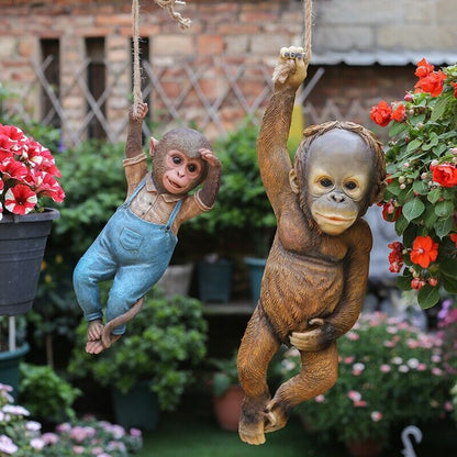 Monkey Chimp Hanging Rope Garden Ornament Outdoor Statue Sculpture Resin Decor