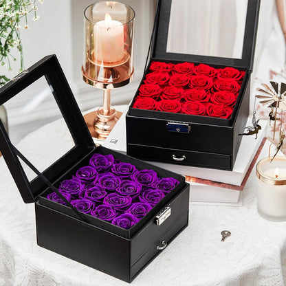 16-Piece Forever Flowers Gifts for Her Wife Grandma Preserved Roses That Last a Year Mother Anniversary Birthday (Red, Black PU Jewelry Box)