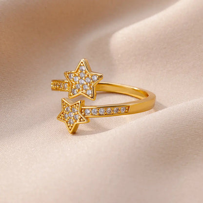 Zircon Double Star Rings For Women Girls Stainless Steel Gold