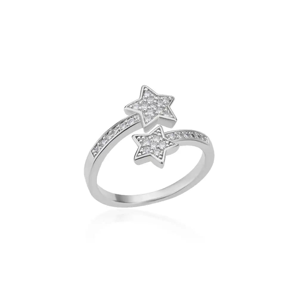 Zircon Double Star Rings For Women Girls Stainless Steel Gold