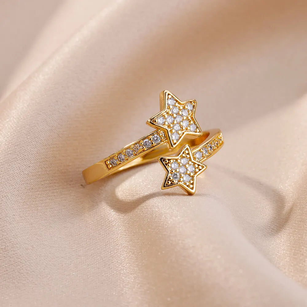 Zircon Double Star Rings For Women Girls Stainless Steel Gold