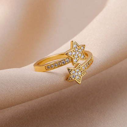 Zircon Double Star Rings For Women Girls Stainless Steel Gold