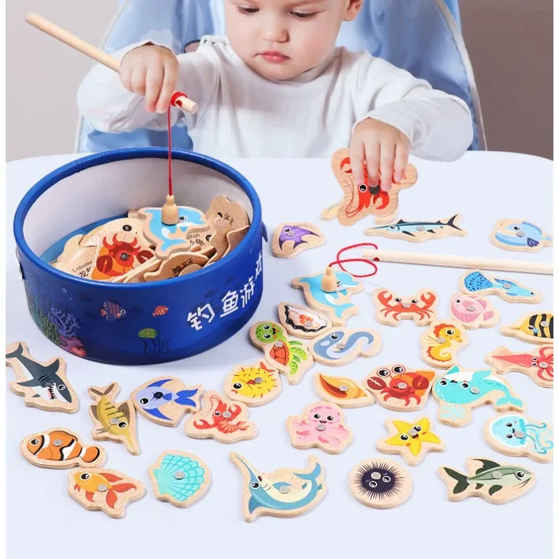 Montessori Wooden Fishing Toys For Children Cartoon Marine Life