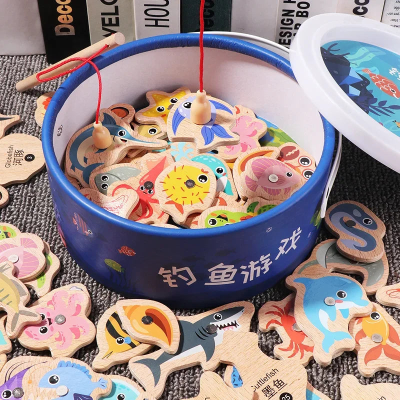 Montessori Wooden Fishing Toys For Children Cartoon Marine Life