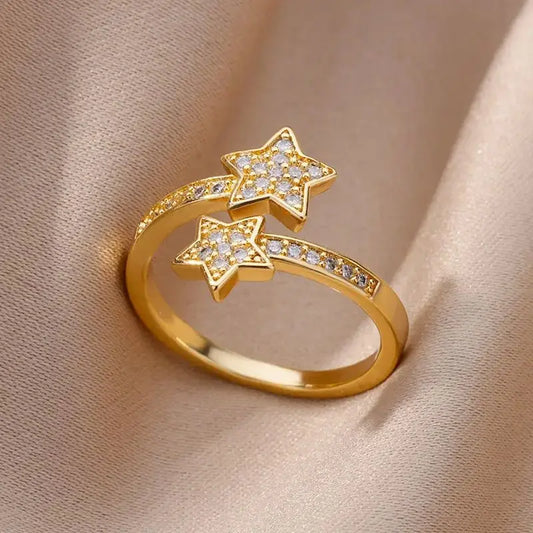 Zircon Double Star Rings For Women Girls Stainless Steel Gold