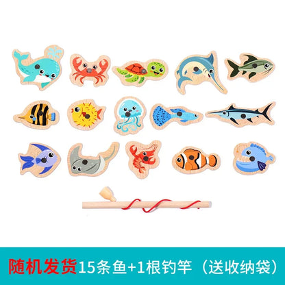 Montessori Wooden Fishing Toys For Children Cartoon Marine Life