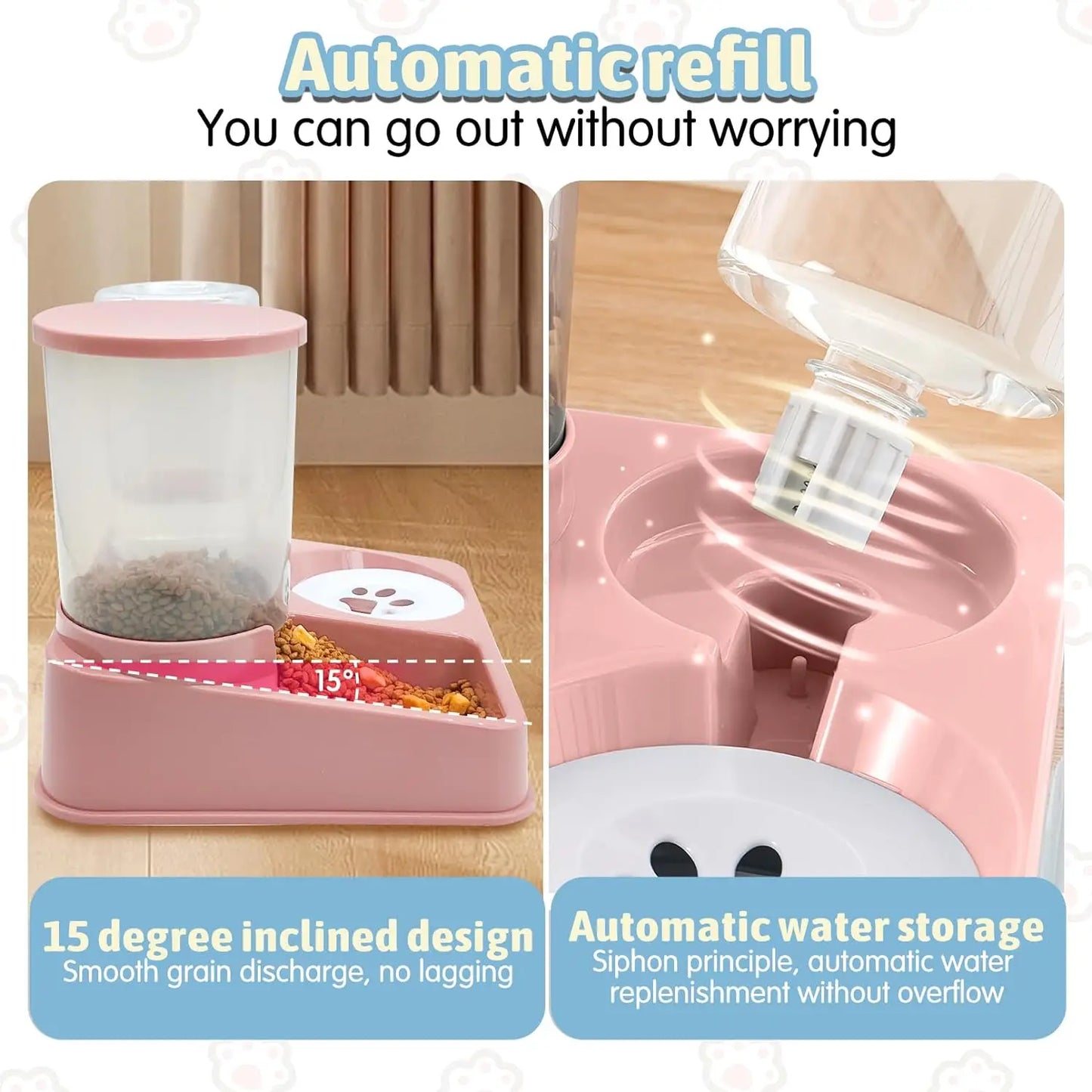 Automatic Cat Feeder Water Dispenser Set, 2 In 1 Tilted Automatic