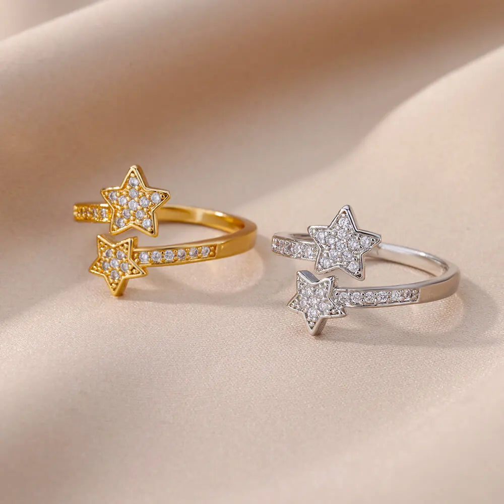 Zircon Double Star Rings For Women Girls Stainless Steel Gold