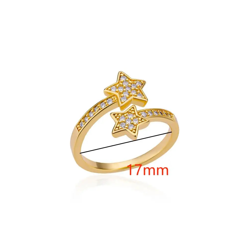 Zircon Double Star Rings For Women Girls Stainless Steel Gold