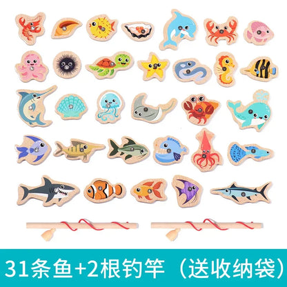 Montessori Wooden Fishing Toys For Children Cartoon Marine Life