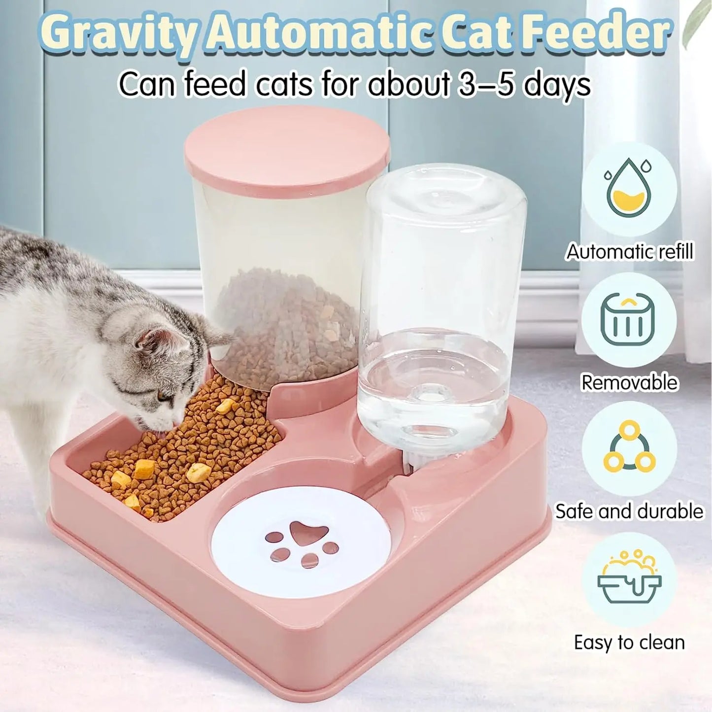 Automatic Cat Feeder Water Dispenser Set, 2 In 1 Tilted Automatic