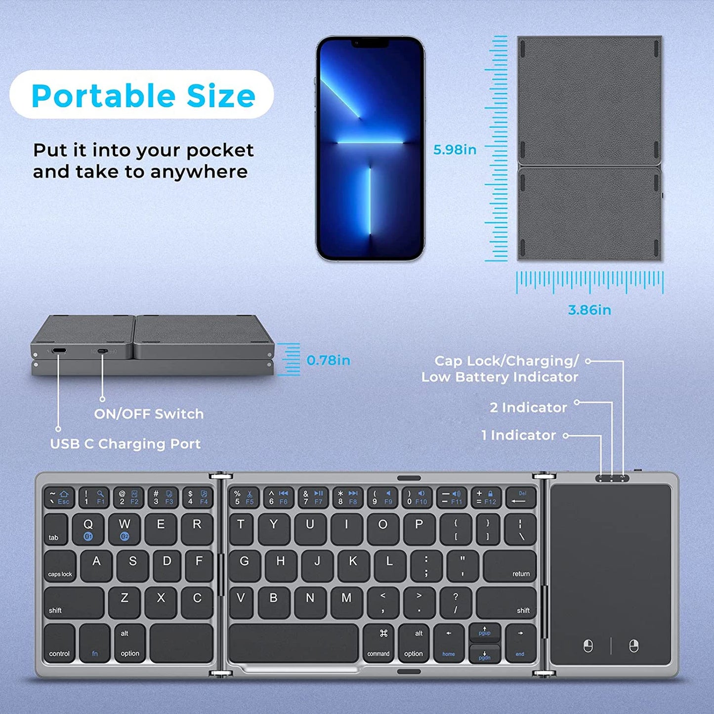 Seenda Foldable Wireless Bluetooth Keyboard Rechargeable