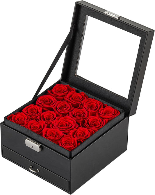 16-Piece Forever Flowers Gifts for Her Wife Grandma Preserved Roses That Last a Year Mother Anniversary Birthday (Red, Black PU Jewelry Box)