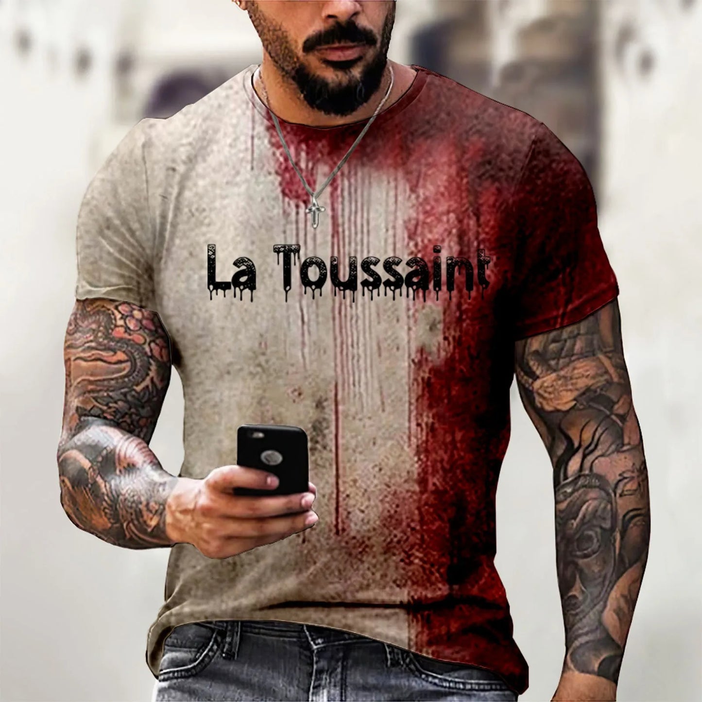 Probleme Resolu Bloody Fonts T-Shirt Short Sleeve round Neck Distressed T Shirt Male 2024 Halloween Print Tops Holiday Party Top