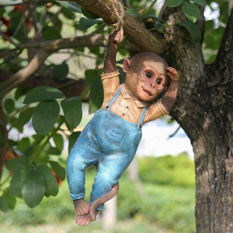 Monkey Chimp Hanging Rope Garden Ornament Outdoor Statue Sculpture Resin Decor