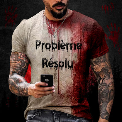 Probleme Resolu Bloody Fonts T-Shirt Short Sleeve round Neck Distressed T Shirt Male 2024 Halloween Print Tops Holiday Party Top