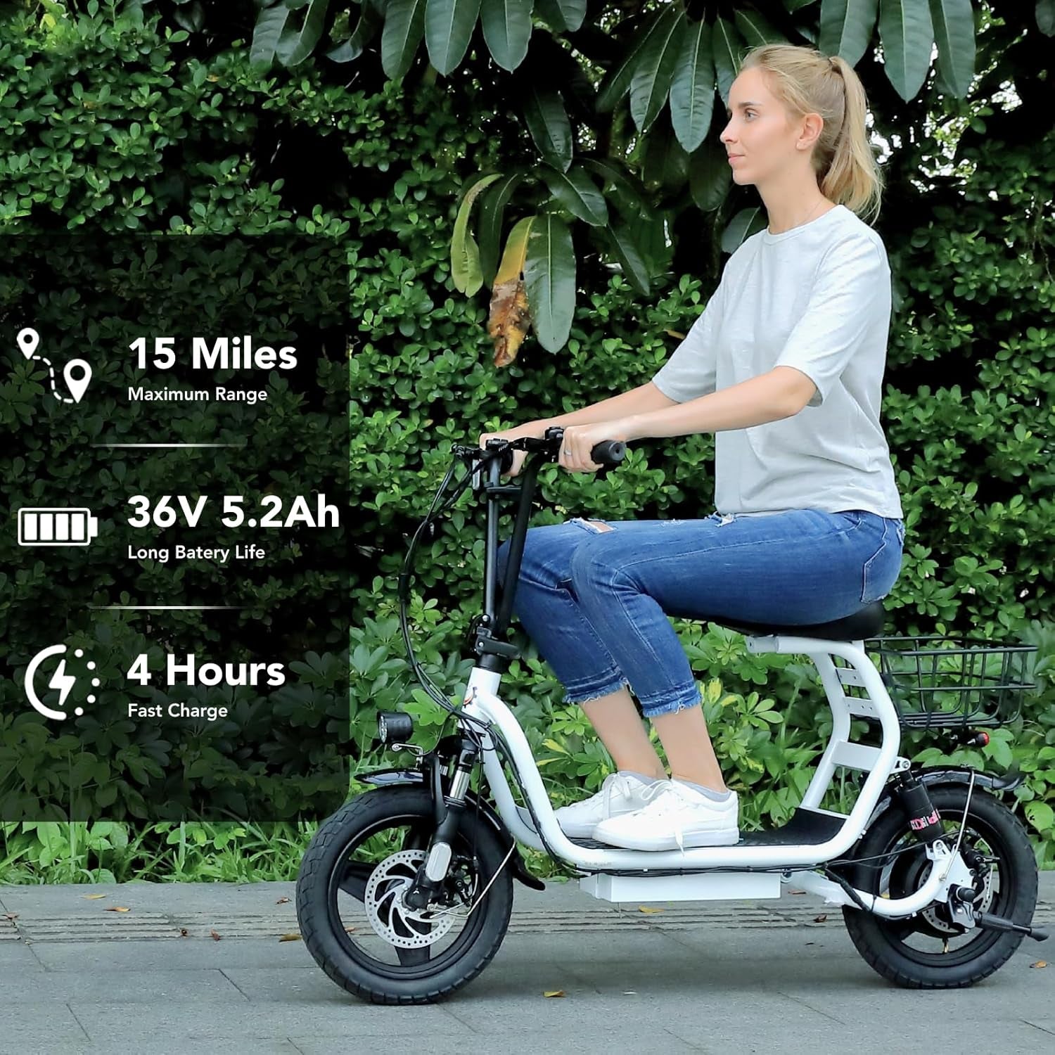 Peak 1200W Electric Scooter with Seat, 14" Fat Tire Electric Scooter Adults, 500Wh Battery up to 30 Miles&20Mph, Foldable Adult Electric Scooter for Commuting with Basket&Shock Absorbing