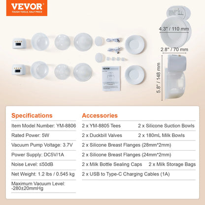 VEVOR Breast Pump, Wearable Electric Breast Pumps Hands Free, 4 Mode & 12 Levels, 300Mmhg Strong Suction, Ultra-Quiet Rechargeable Portable Breastfeeding Pump with LED Display, 24Mm Insert/28Mm Flange