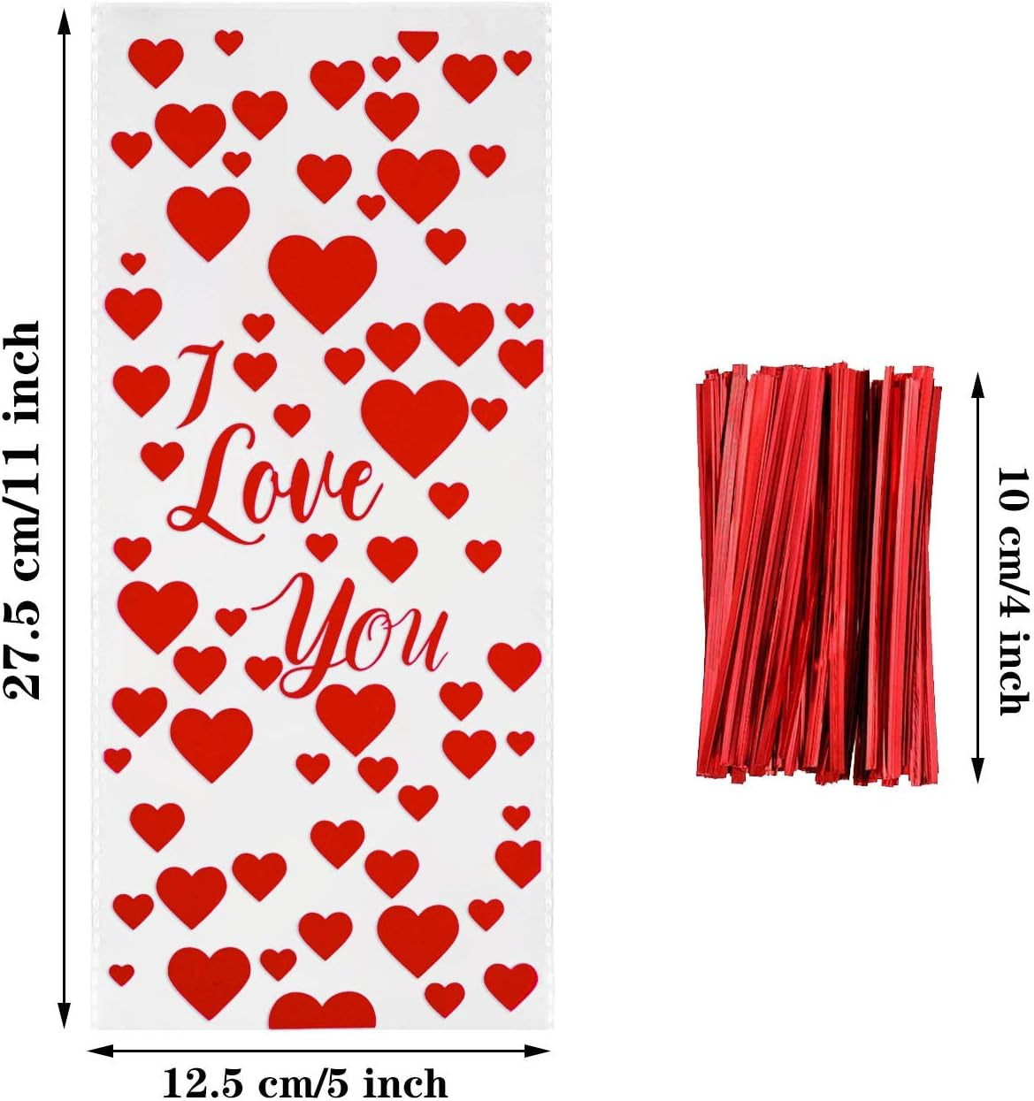 100 Pieces Valentine Cellophane Bags Heart Treat Bags Candy Goodies Gift Bags and 150 Pieces Red Twist Ties for Valentine Party Supplies