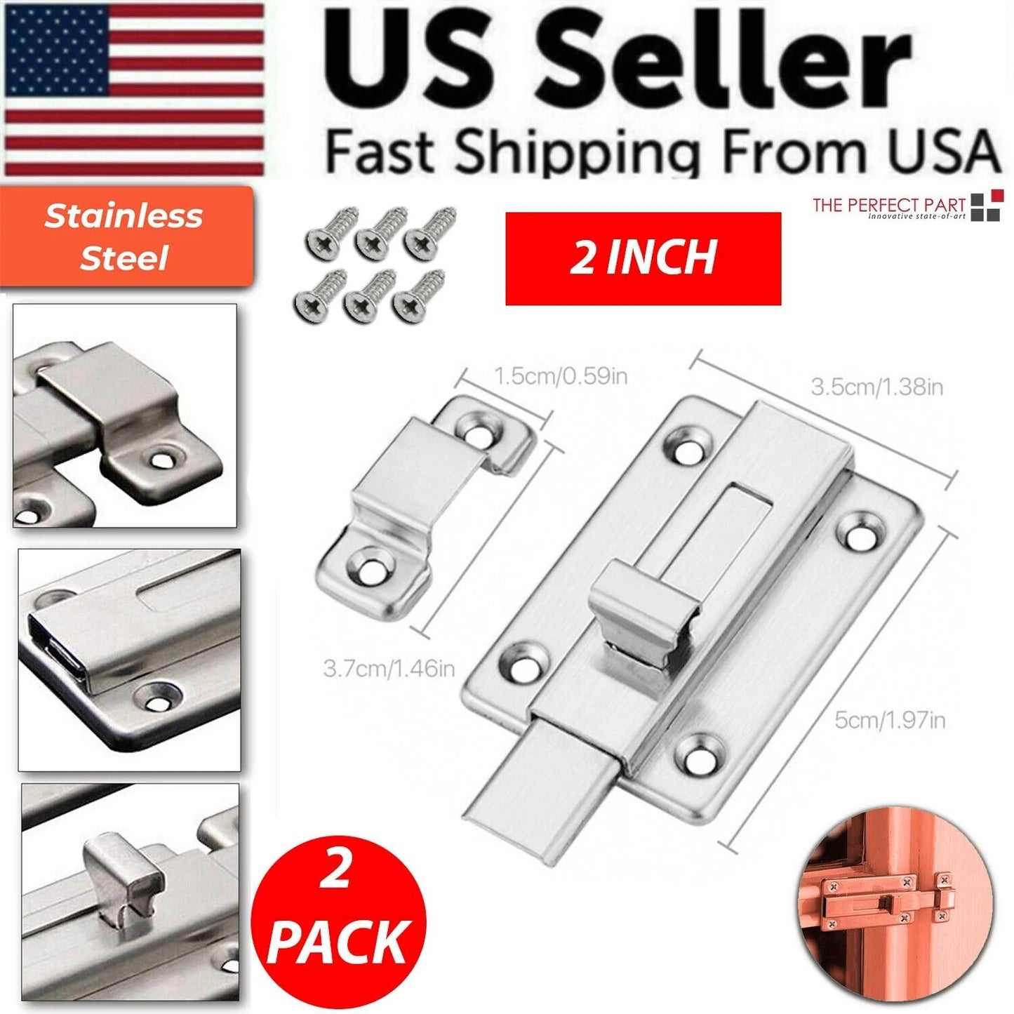 2Pcs Stainless Steel Latch Sliding Silver Doors Lock Keyless Door Bolt for Doors