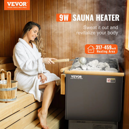 VEVOR Sauna Heater, 9KW 220V Electric Sauna Stove, Steam Bath Sauna Heater with External Digital Controller, 3H Timer and Adjustable Temp for Max. 317-459 Cubic Feet, Home Hotel Spa Shower Use, FCC Certification