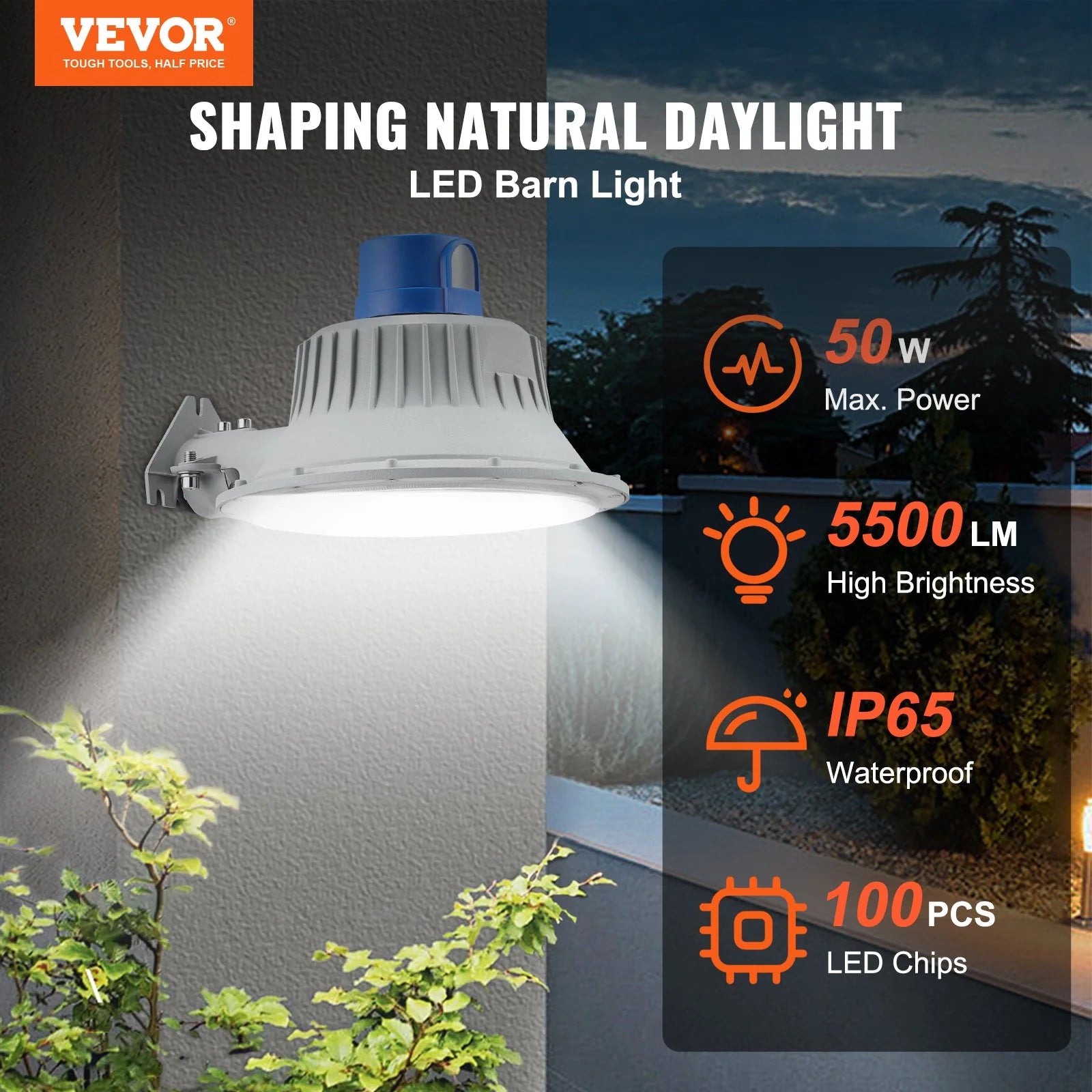 VEVOR LED Barn Light, 50W 5500LM, Ultra Brightness 6000K Daylight, Dusk to Dawn Area Lights, Outdoor Security Flood Lighting, IP65 Waterproof for outside Yard Street Garage Shed Patio, Wall/Pole Mount