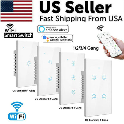 1/2/3/4 Gang Wifi Smart Wall Touch Light Switch Glass Panel for Alexa/Google APP