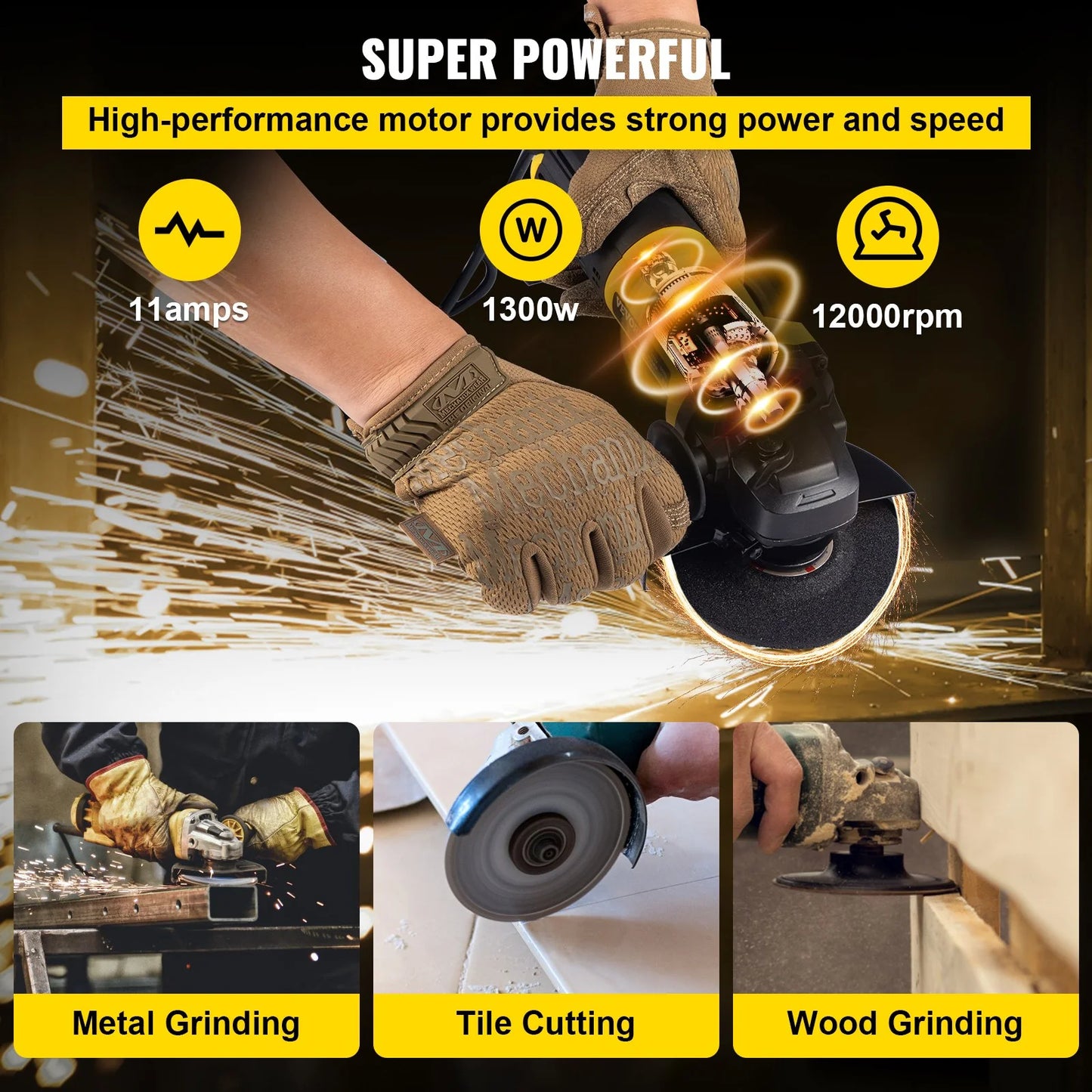 VEVOR Angle Grinder, 4-1/2 Inch Powerful Grinder Tool 11Amp Power Grinder with Paddle Switch and 360?? Rotational Guard, 12000Rpm Power Angle Grinders for Cutting and Grinding Metal, Stone, Wood, Etc