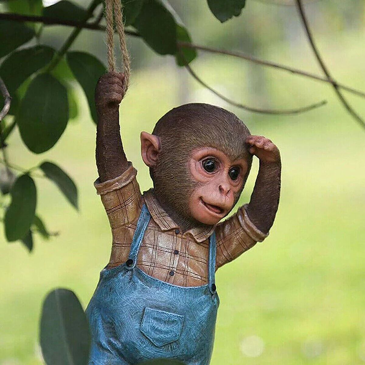 Monkey Chimp Hanging Rope Garden Ornament Outdoor Statue Sculpture Resin Decor