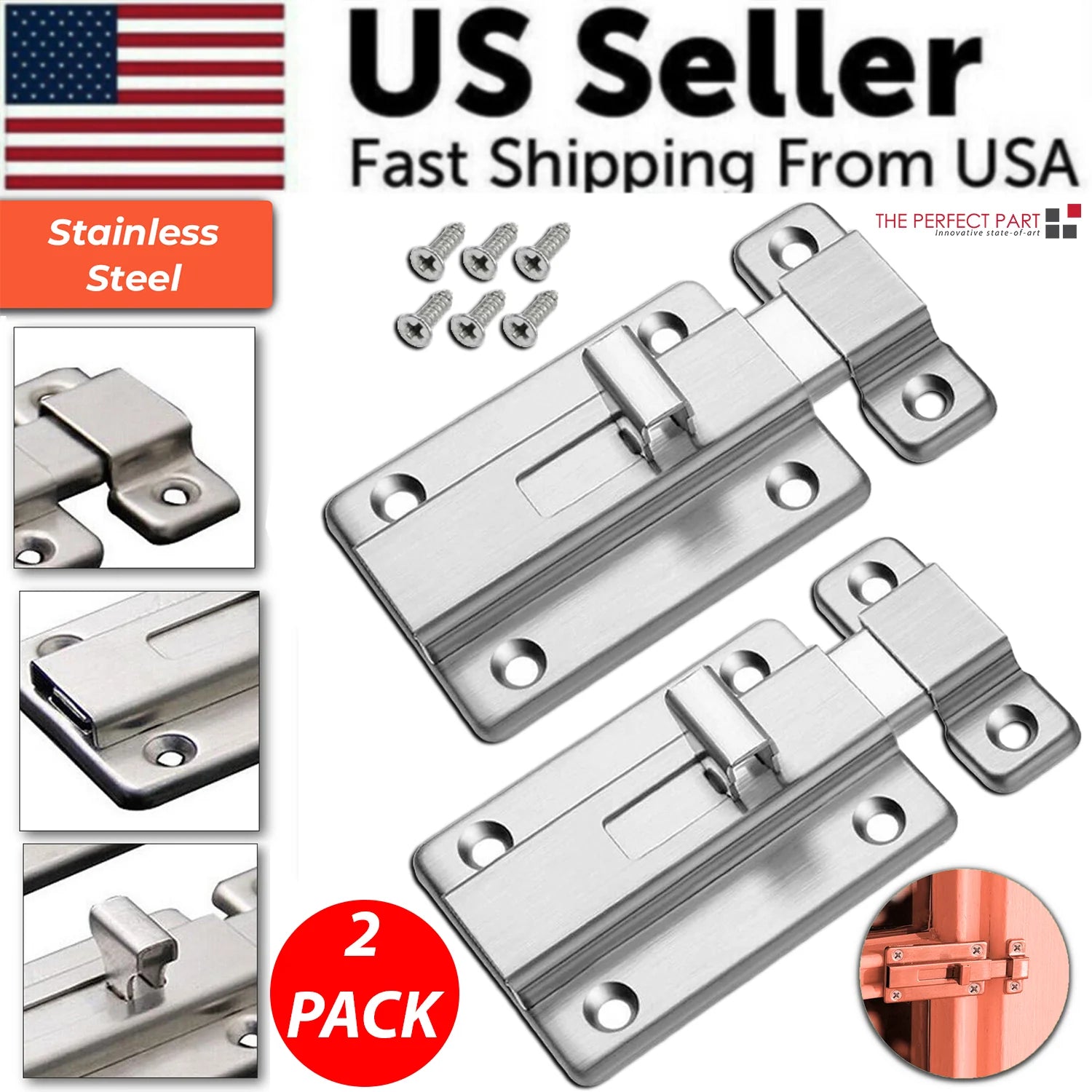 2Pcs Stainless Steel Latch Sliding Silver Doors Lock Keyless Door Bolt for Doors