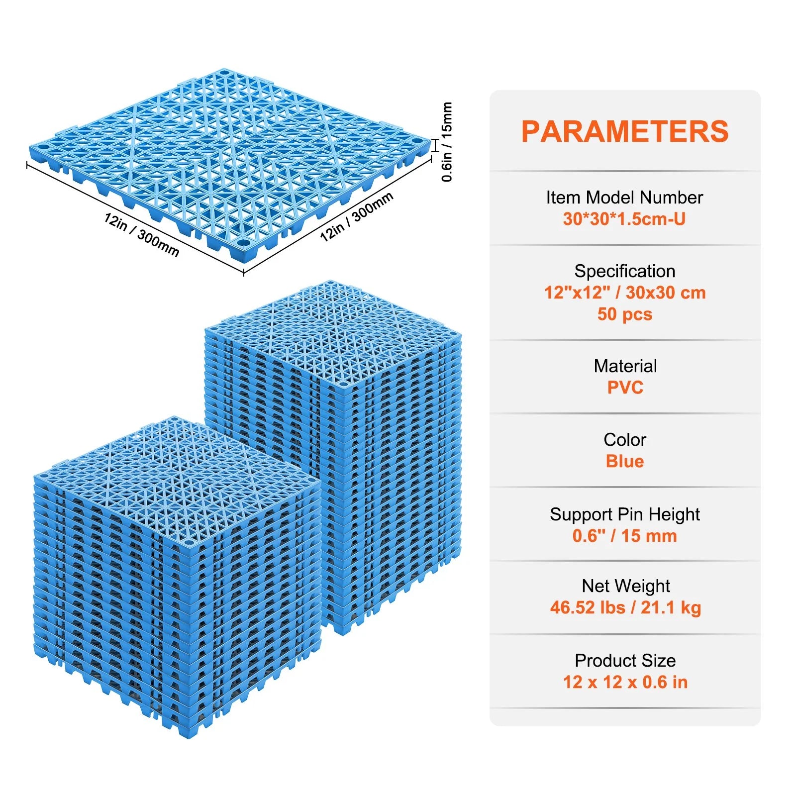 VEVOR Interlocking Tile 50PCS Blue, Drainage Tiles 12 X 12 Splicing, Soft PVC Interlocking Drainage Floor Tiles, Non-Slip Drainage Holes for Restroom, Bathroom, Kitchen, Pool, Wet Areas