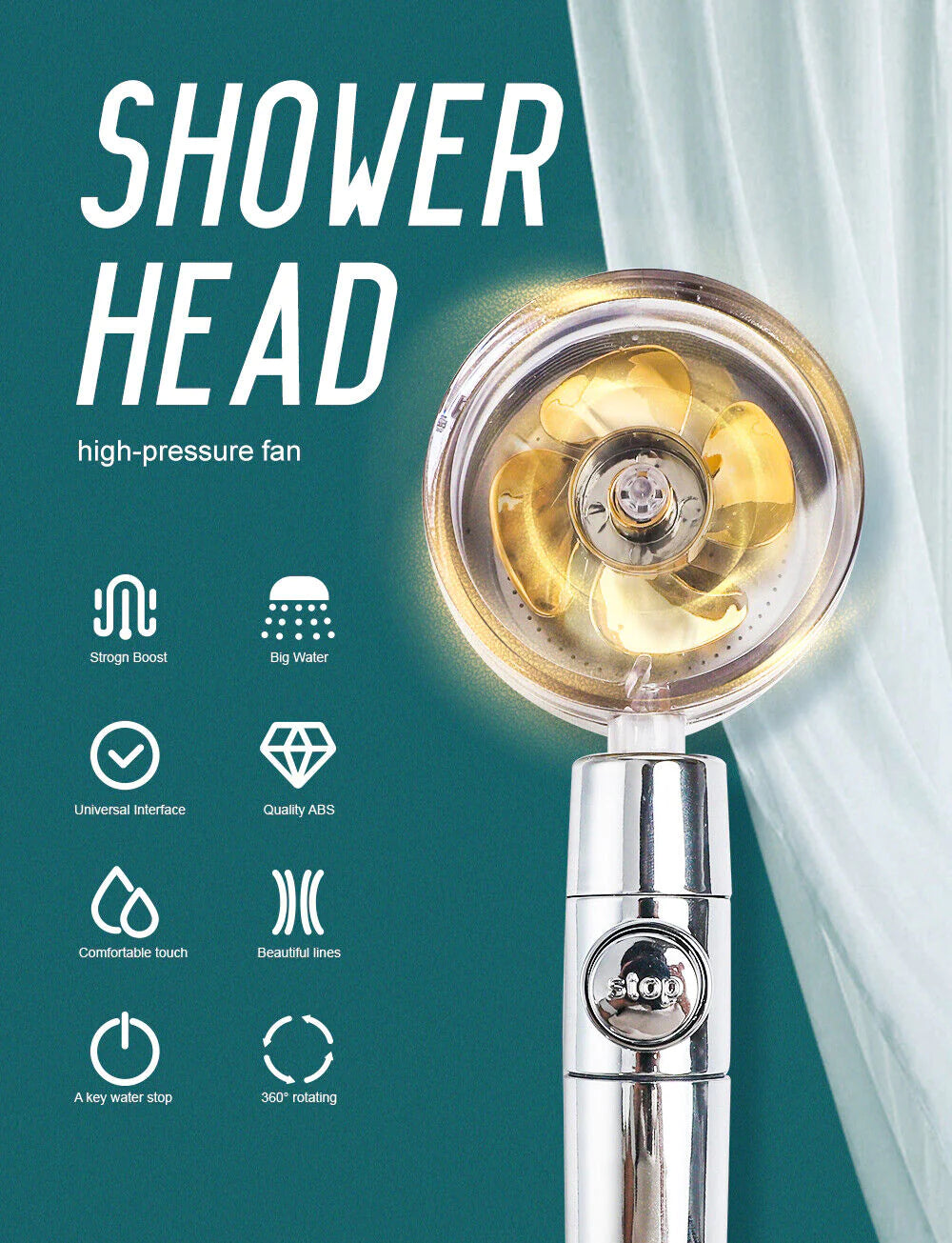 High Pressure Shower Head Adjustable 360° Rotation Turbine Water Saving Shower