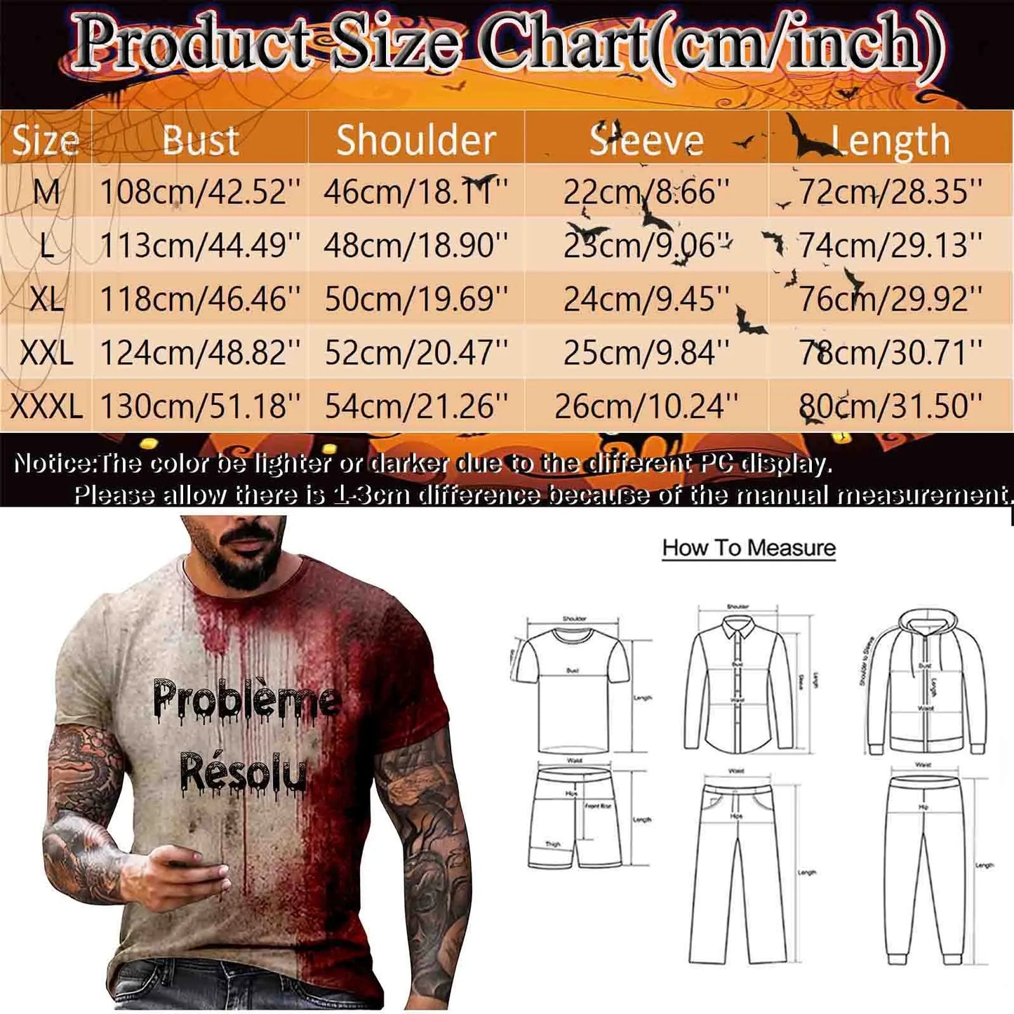 Probleme Resolu Bloody Fonts T-Shirt Short Sleeve round Neck Distressed T Shirt Male 2024 Halloween Print Tops Holiday Party Top