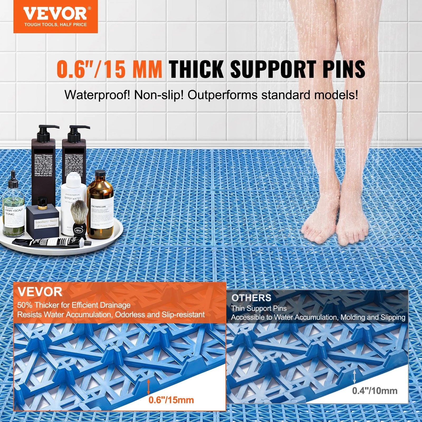 VEVOR Interlocking Tile 50PCS Blue, Drainage Tiles 12 X 12 Splicing, Soft PVC Interlocking Drainage Floor Tiles, Non-Slip Drainage Holes for Restroom, Bathroom, Kitchen, Pool, Wet Areas